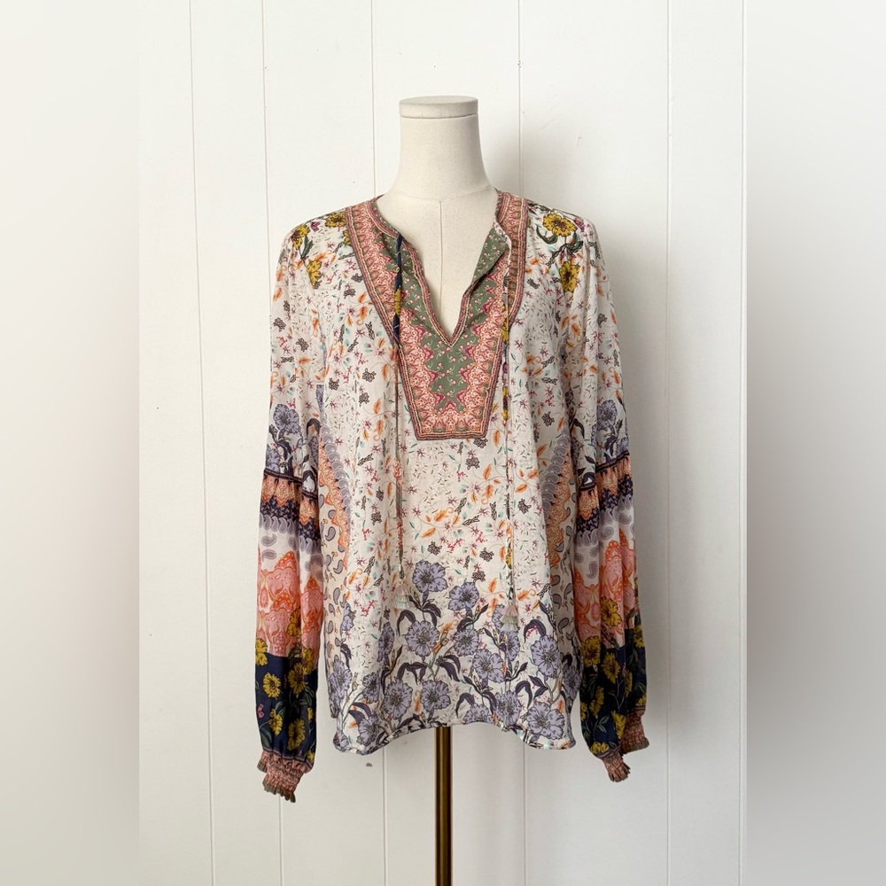 Hale Bob Los Angeles Floral Boho Blouse Size Large Cream Multicolor Combo